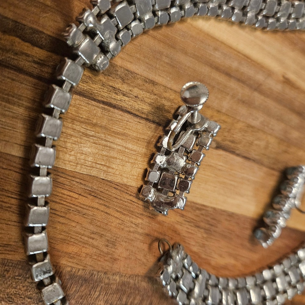 Vintage Blue Rhinestone Choker Necklace & Screw-Back Earrings Set 1950s Glam - Picture 10 of 10